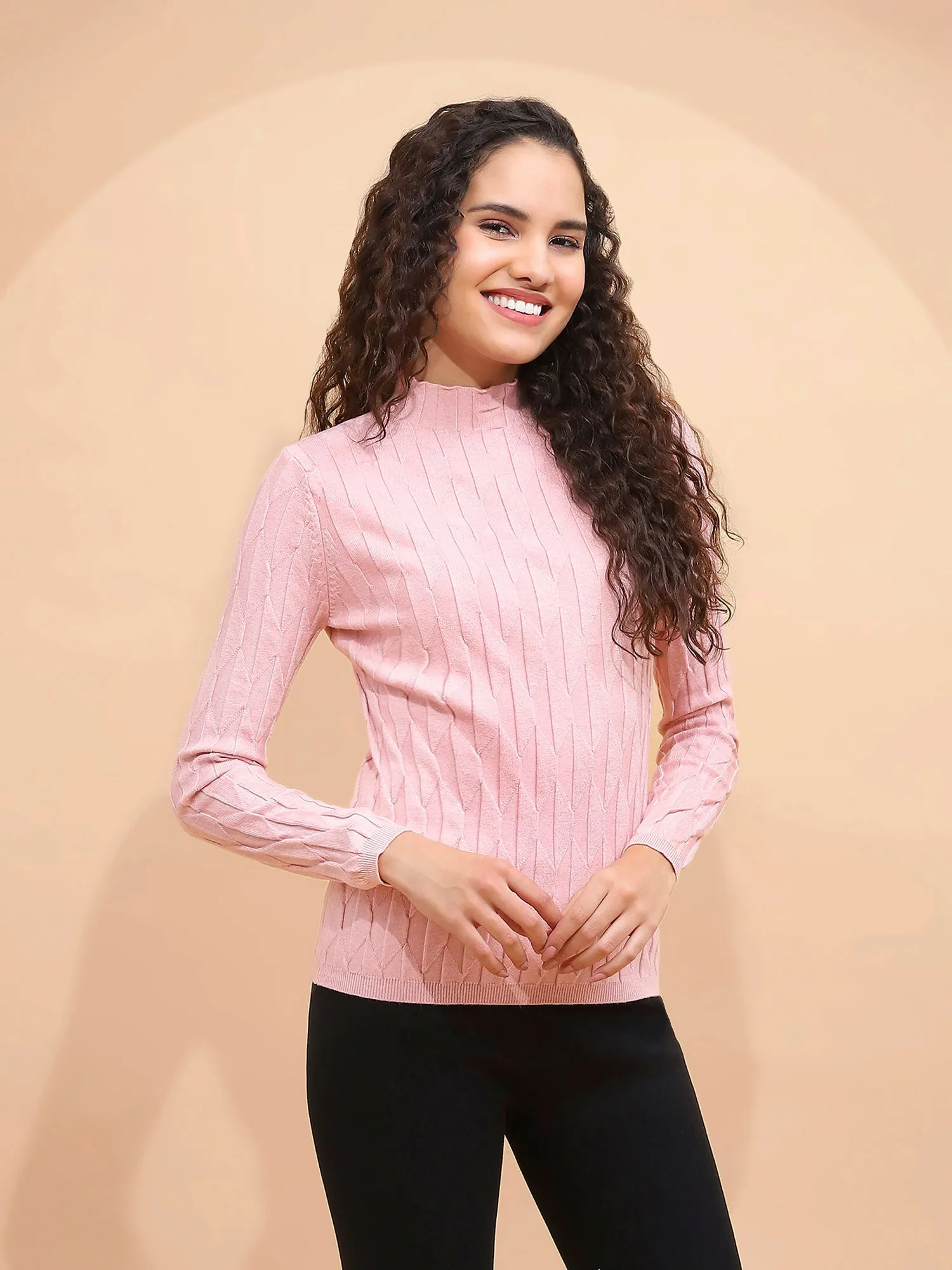 Onion Pink Solid Poly Viscose Slim Fit High Neck Skivvy Pullover