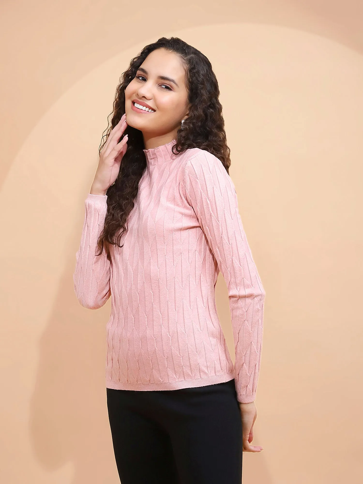 Onion Pink Solid Poly Viscose Slim Fit High Neck Skivvy Pullover