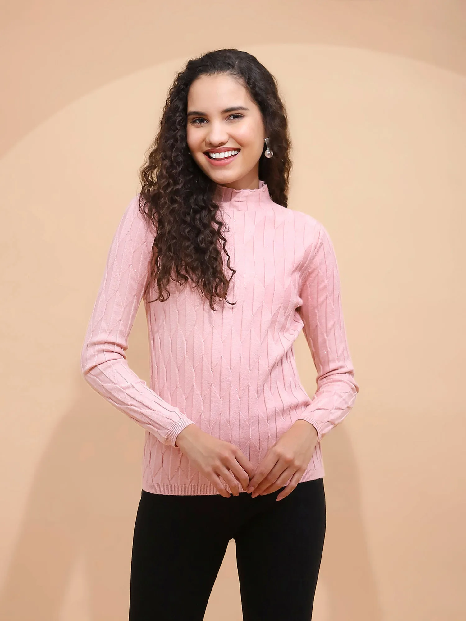 Onion Pink Solid Poly Viscose Slim Fit High Neck Skivvy Pullover