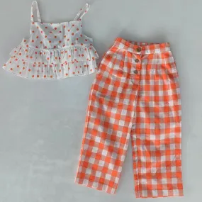 Orange Polka Dot Top & Orange Checkered Pants Set