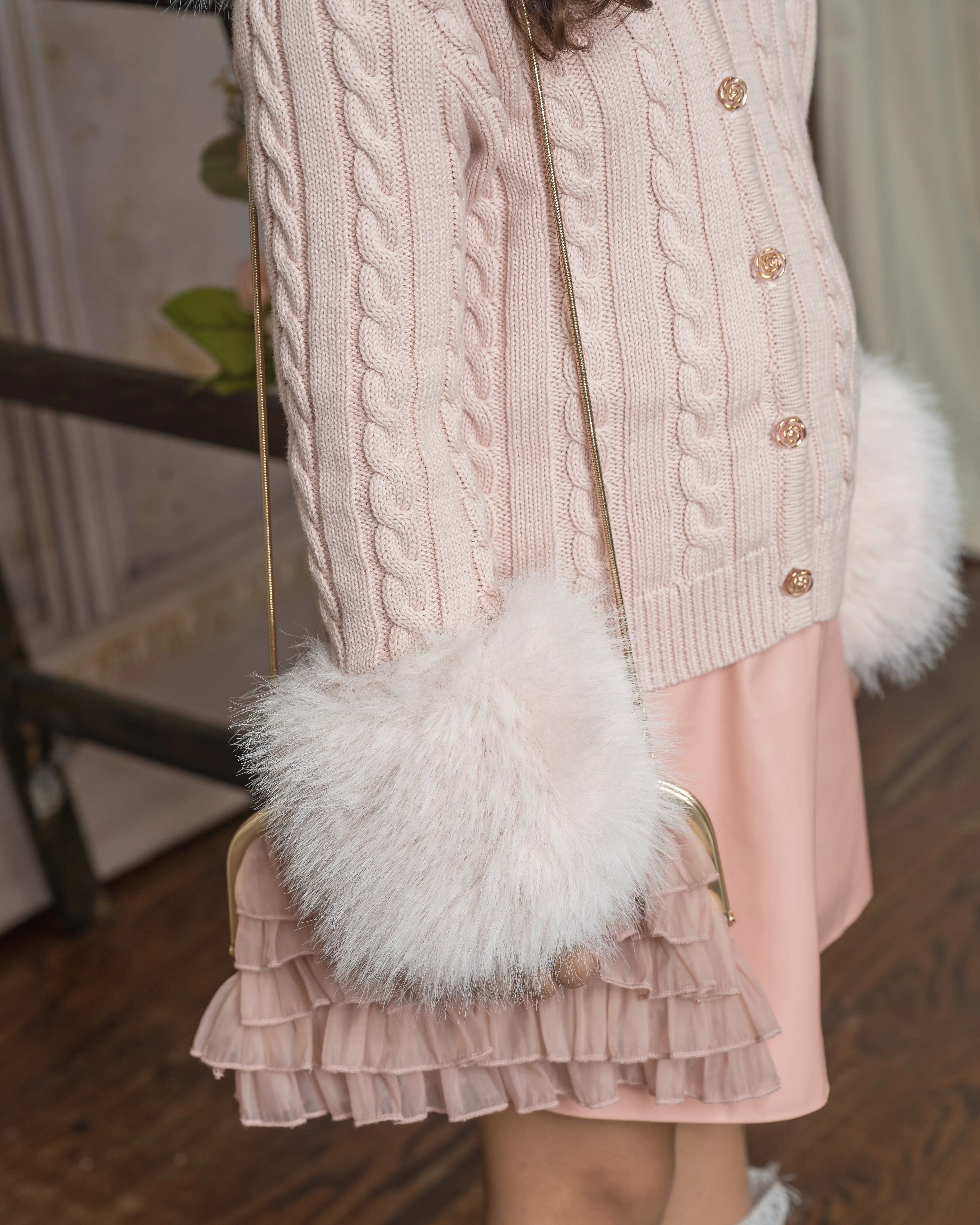 Pink Cableknit Faux Fur Cotton Cardigan