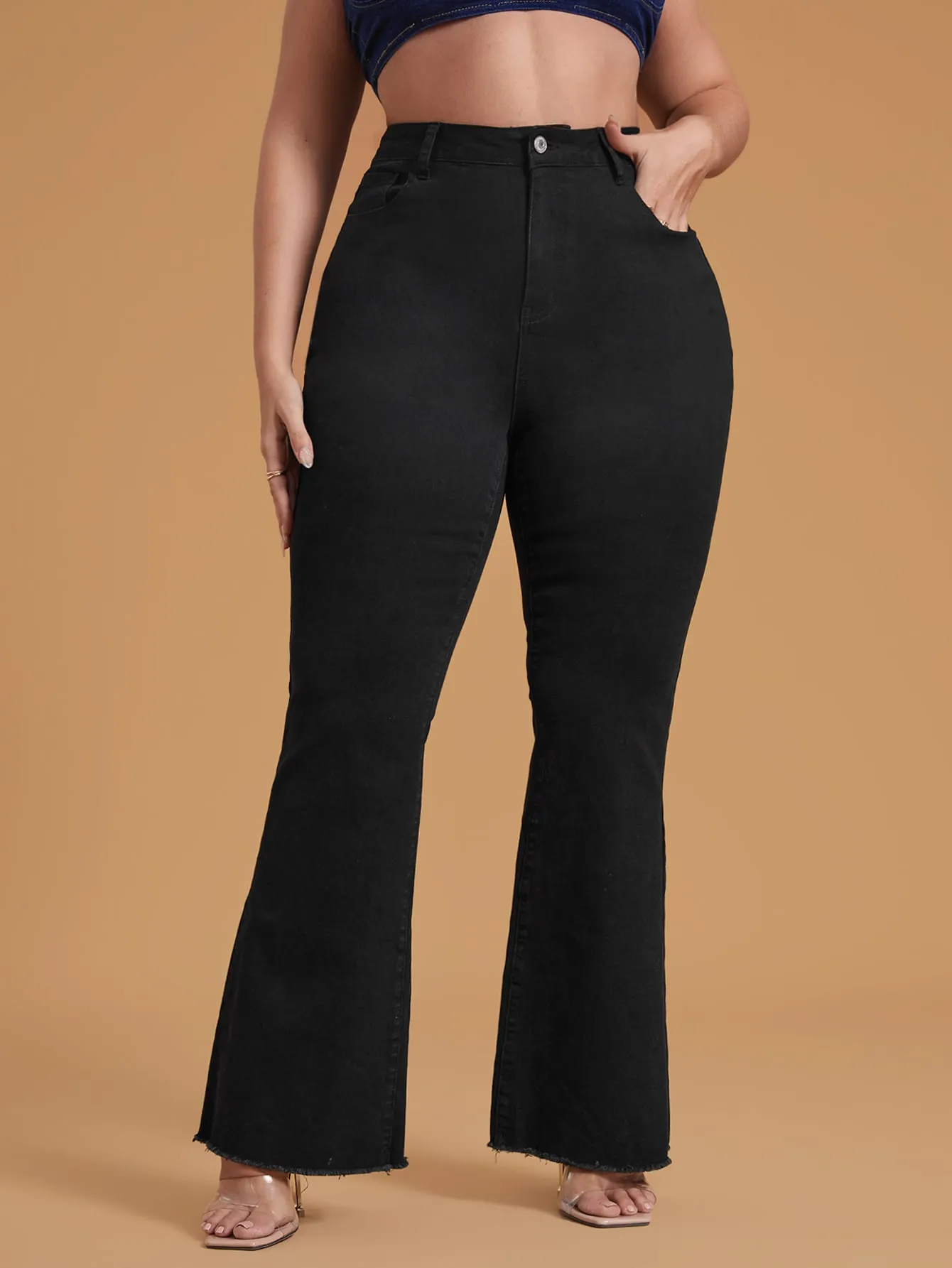 Plain Pocket Natural Long Plus Size Jeans