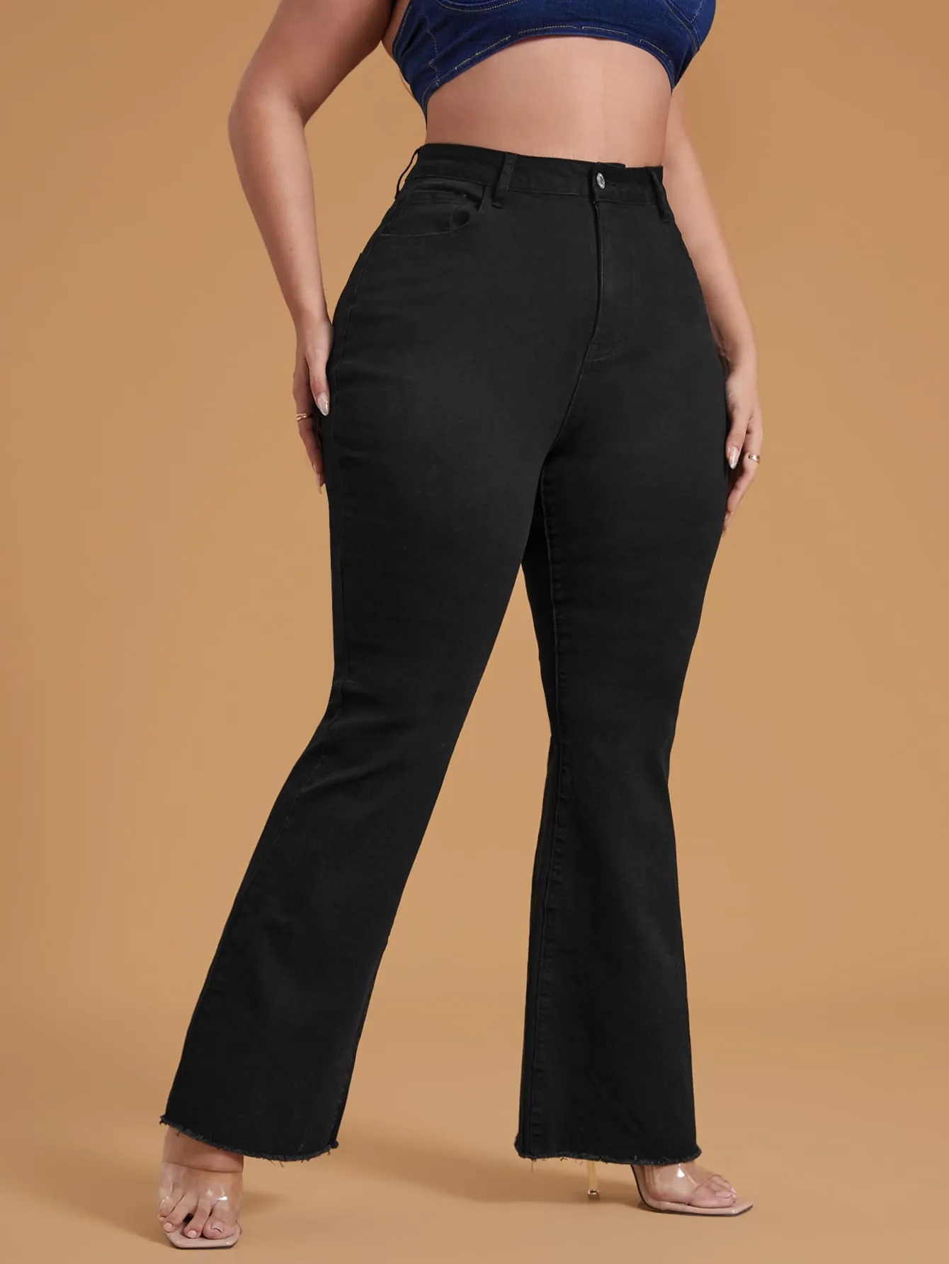 Plain Pocket Natural Long Plus Size Jeans