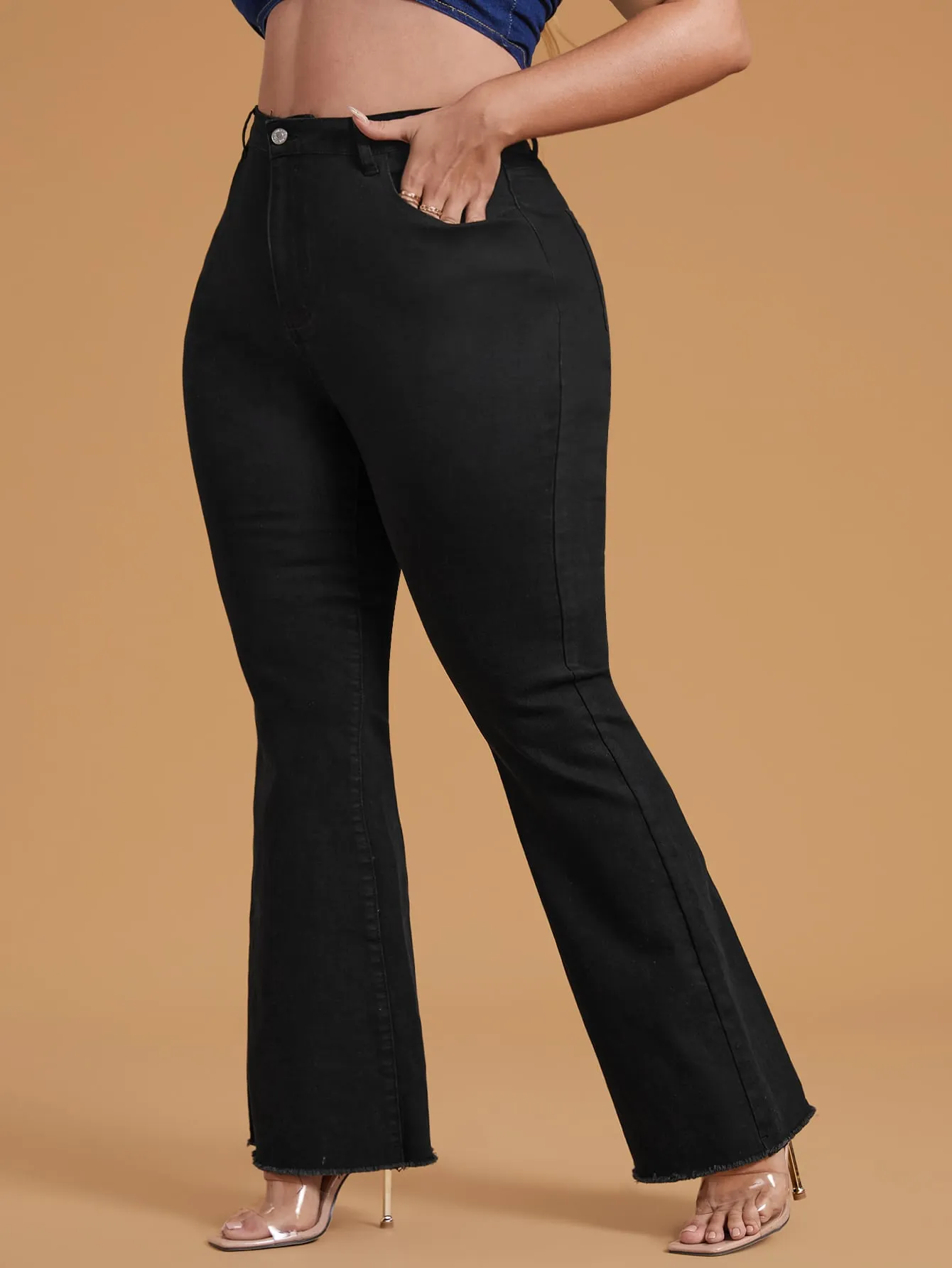 Plain Pocket Natural Long Plus Size Jeans