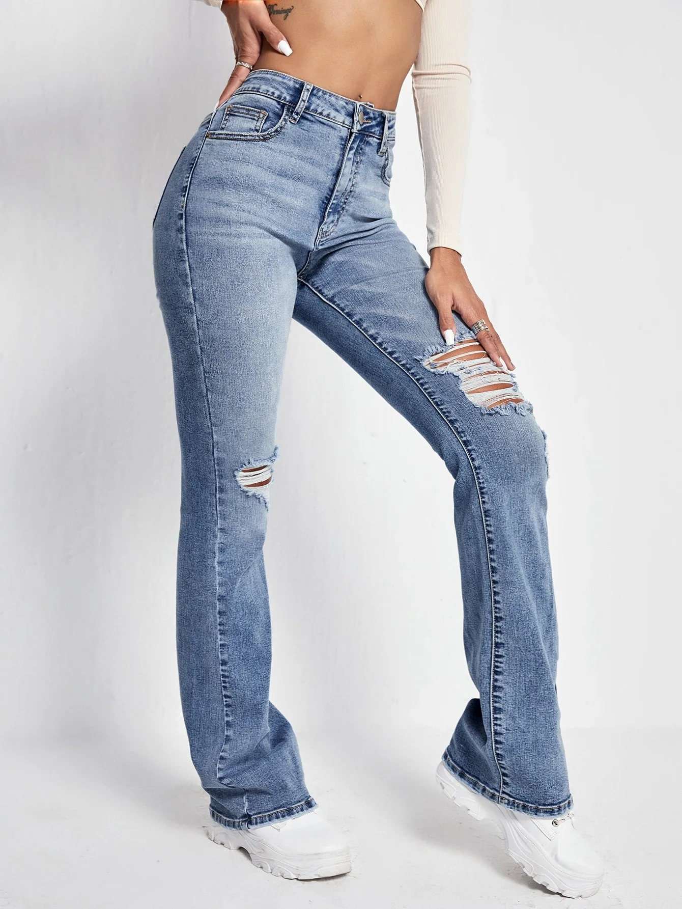 Plain Washed Natural Long Women Jeans