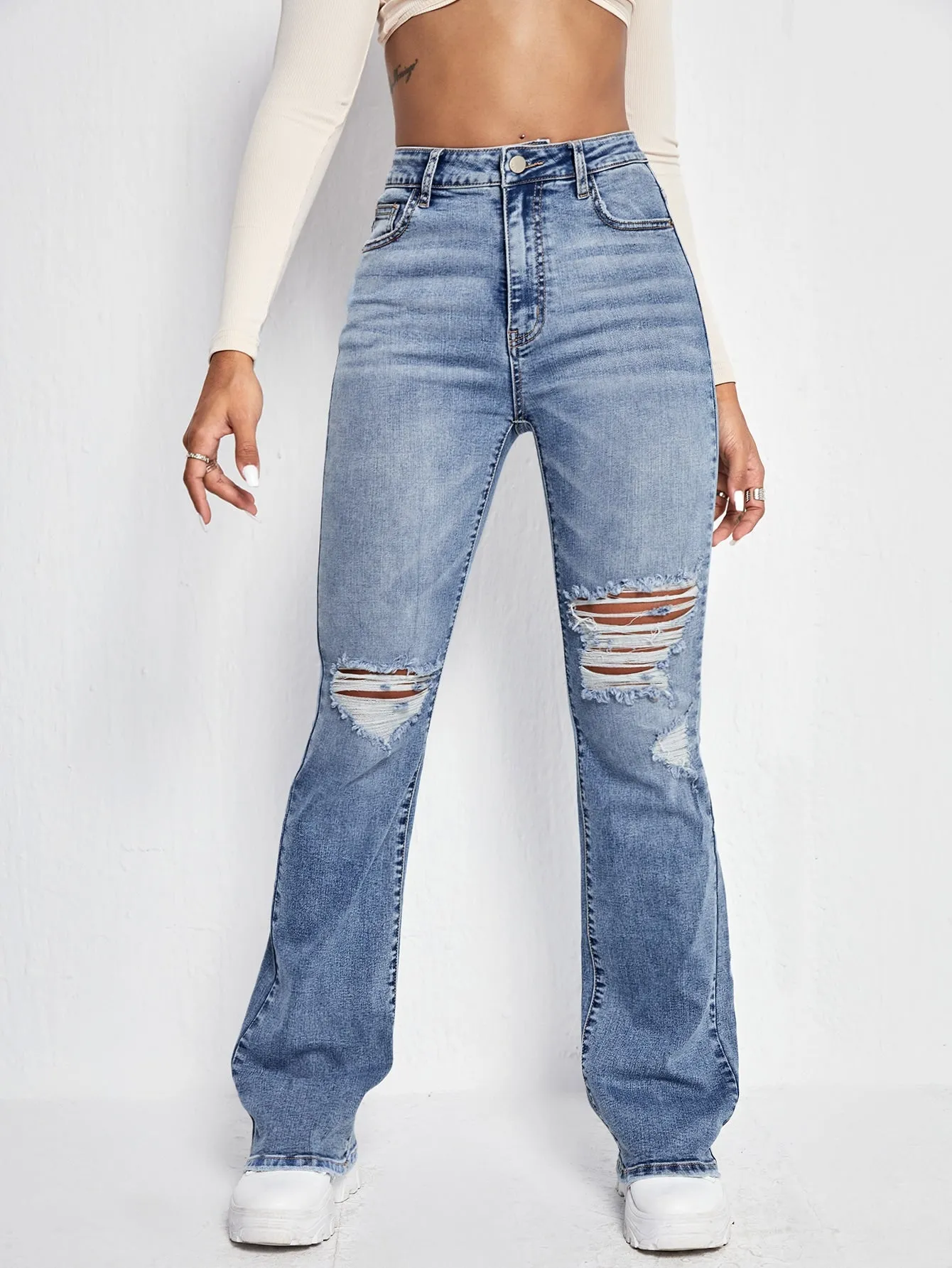 Plain Washed Natural Long Women Jeans