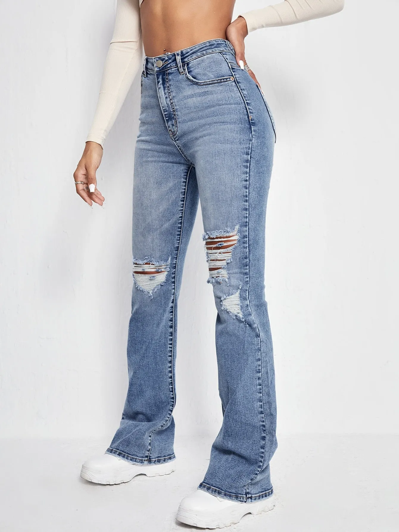 Plain Washed Natural Long Women Jeans