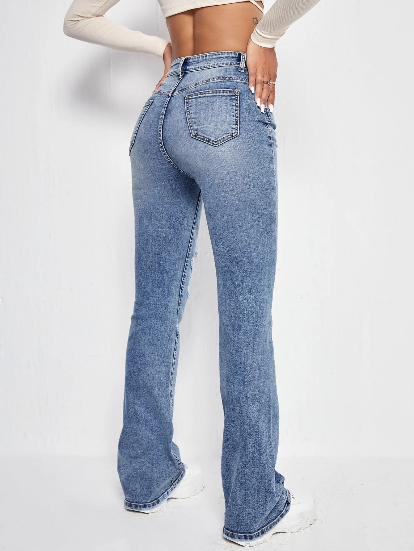 Plain Washed Natural Long Women Jeans