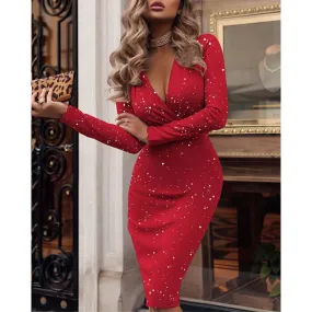 Plunging Neck Sequin Bodycon Metallic Long Sleeve Dress