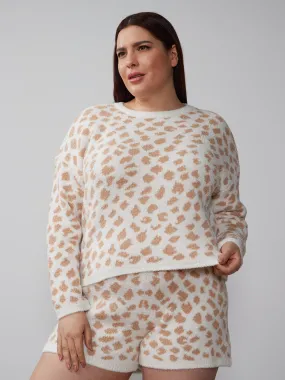 Plus Leopard Print Teddy Pullover