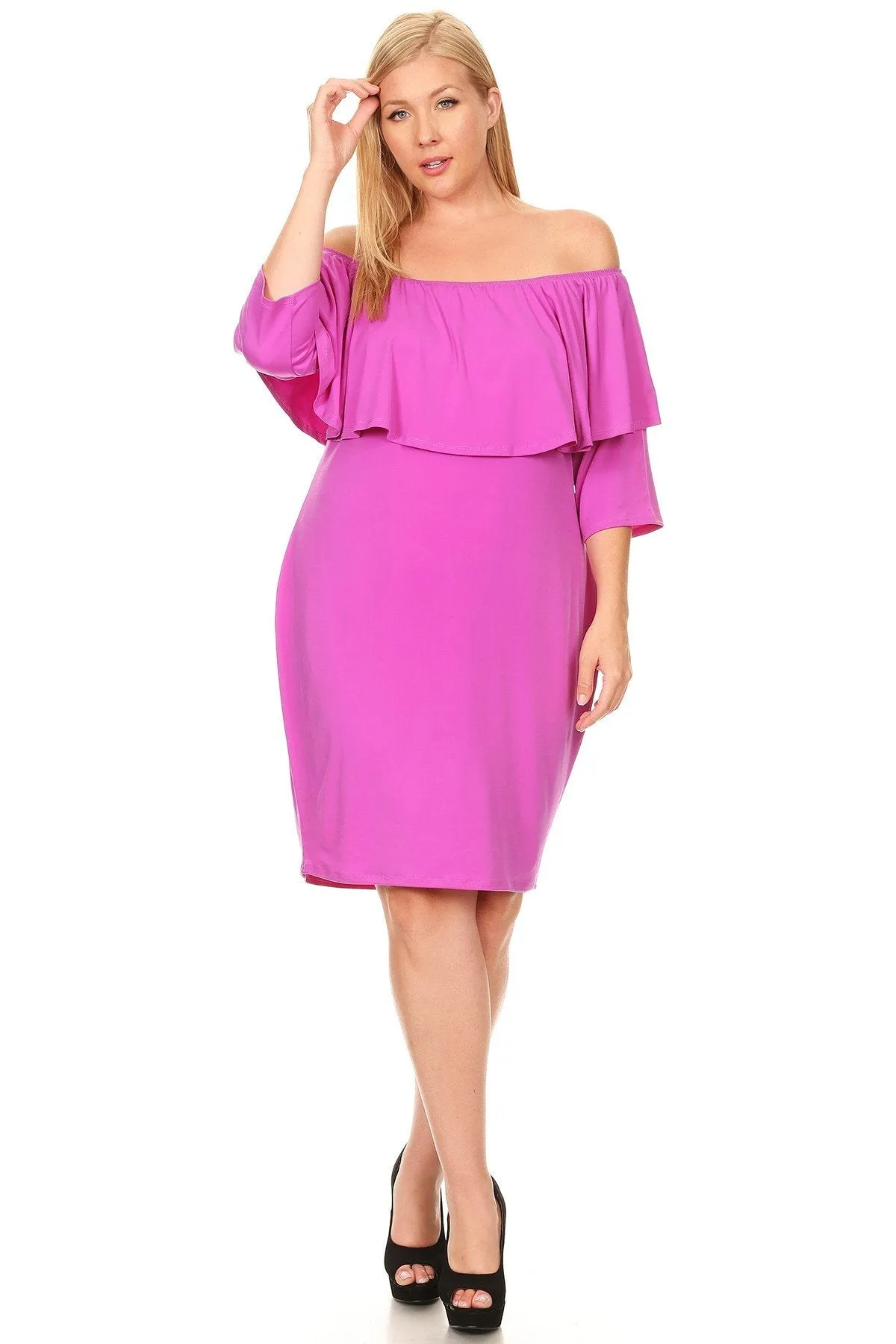 Plus Size Off Shoulder Ruffle Knee Bodycon Dress