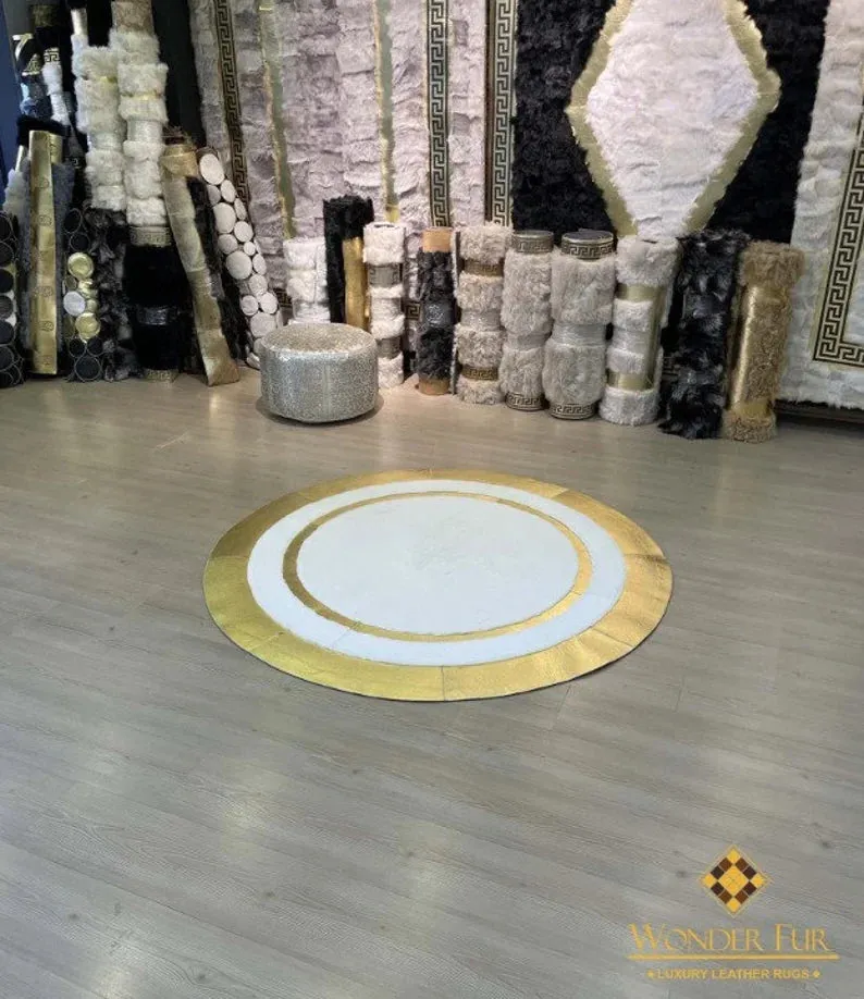 Plush Handmade White And Gold Faux Fur Round Bedroom Decorative Carpet