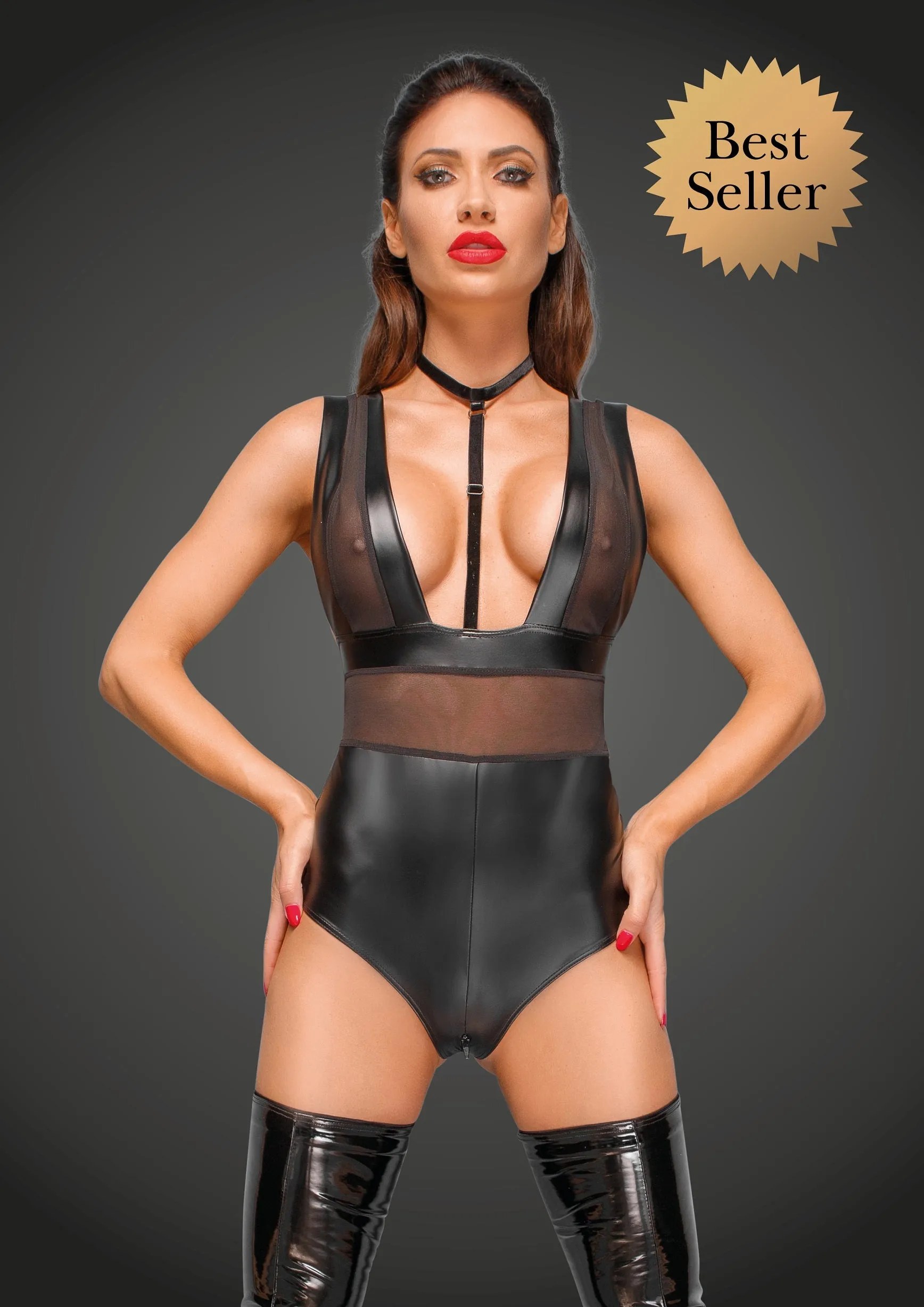 Power Wetlook Bodysuit with Wide Straps, Tulle Inserts, and Velvet Choker