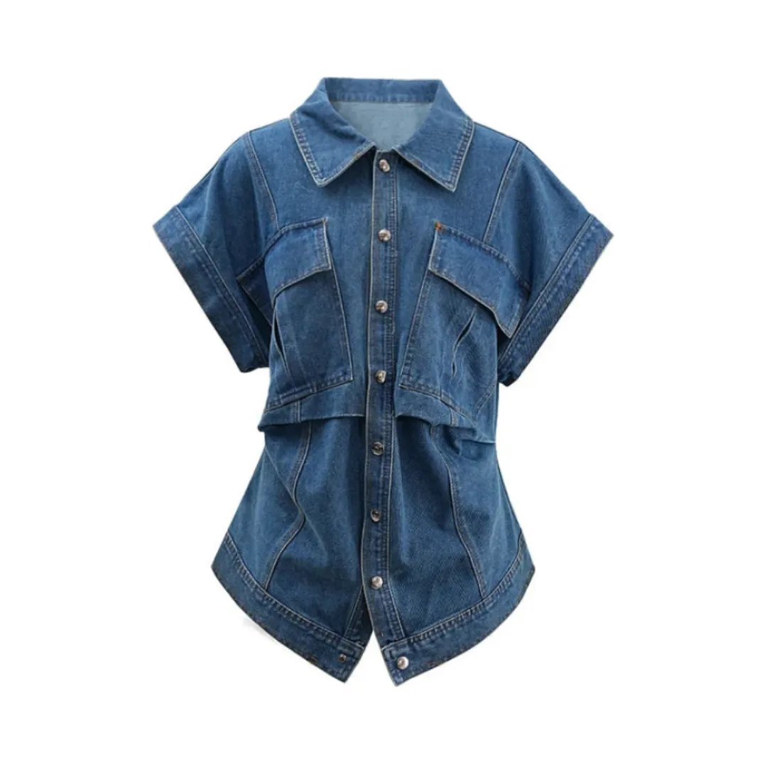 Pre Order:  Chic Irregular Denim Button Down Top