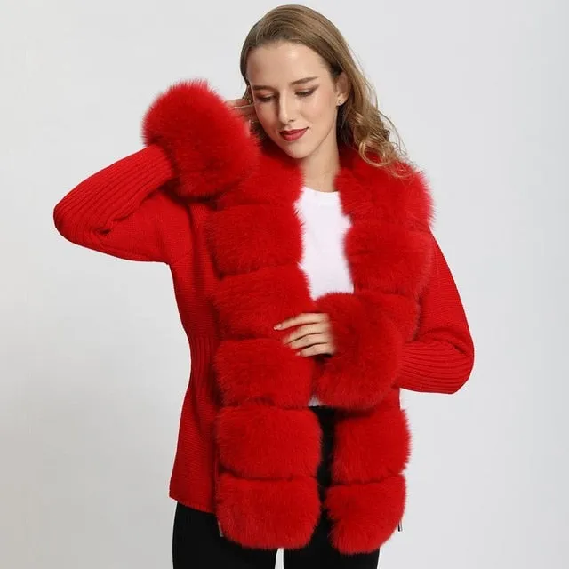 Real Fox Fur Knitting Sweater Long Sleeves Belt Wool Cardigan  Coat