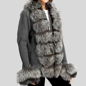 Real Fox Fur Knitting Sweater Long Sleeves Belt Wool Cardigan  Coat