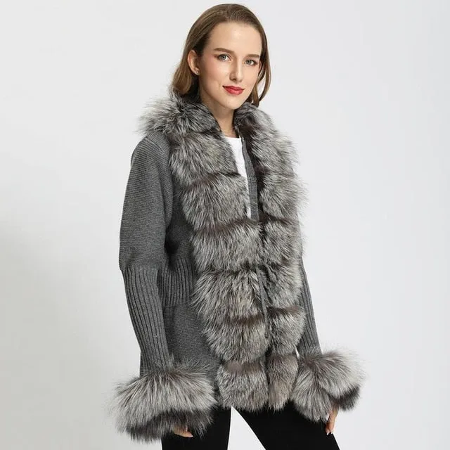 Real Fox Fur Knitting Sweater Long Sleeves Belt Wool Cardigan  Coat