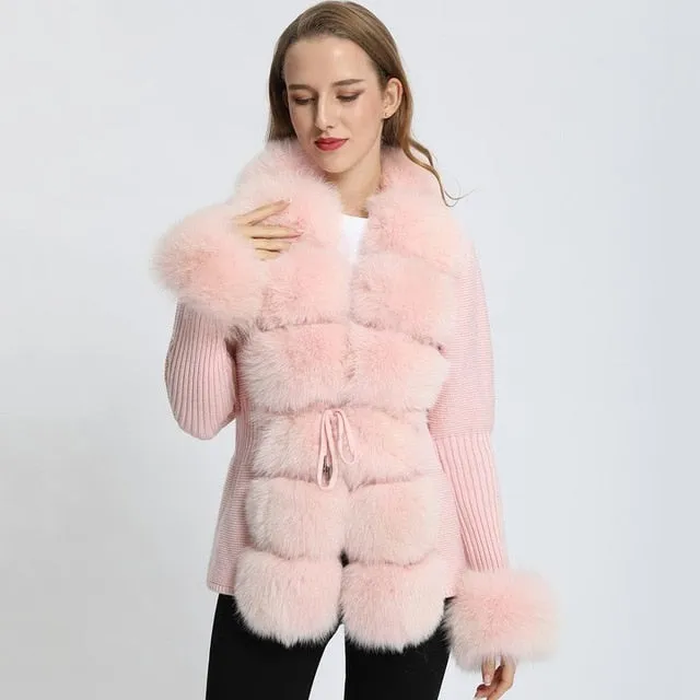 Real Fox Fur Knitting Sweater Long Sleeves Belt Wool Cardigan  Coat