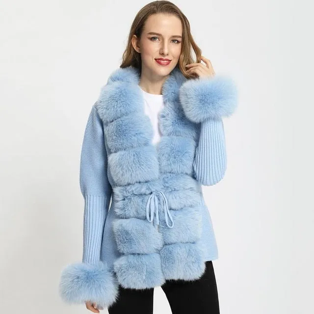 Real Fox Fur Knitting Sweater Long Sleeves Belt Wool Cardigan  Coat