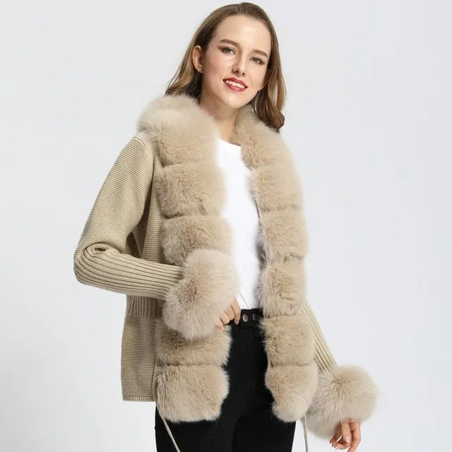 Real Fox Fur Knitting Sweater Long Sleeves Belt Wool Cardigan  Coat