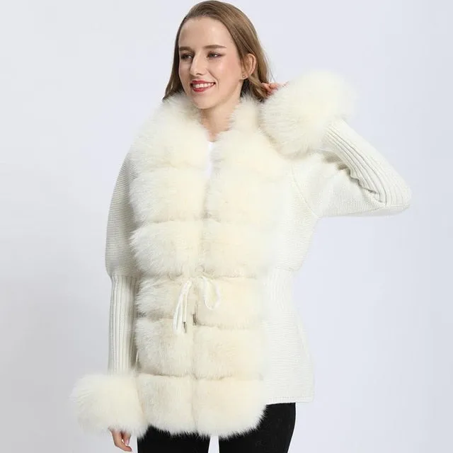 Real Fox Fur Knitting Sweater Long Sleeves Belt Wool Cardigan  Coat