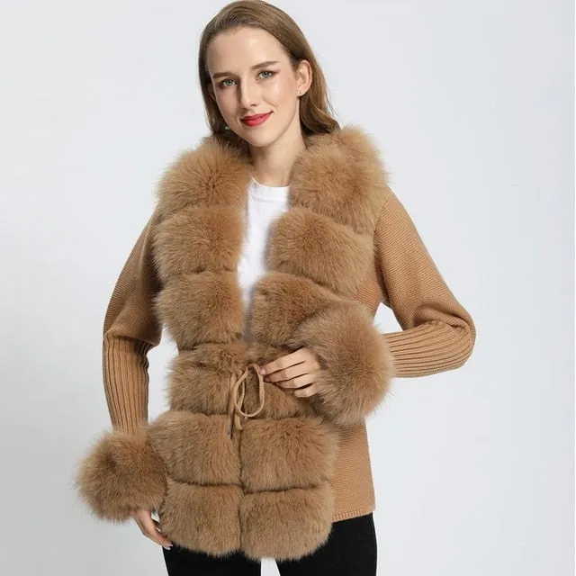 Real Fox Fur Knitting Sweater Long Sleeves Belt Wool Cardigan  Coat