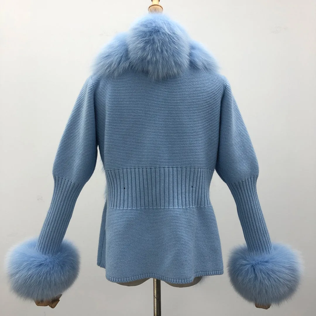 Real Fox Fur Knitting Sweater Long Sleeves Belt Wool Cardigan  Coat