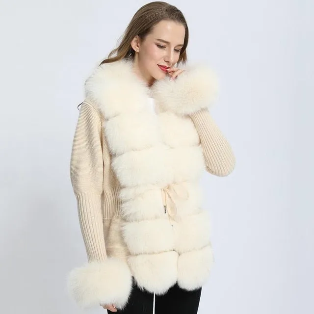 Real Fox Fur Knitting Sweater Long Sleeves Belt Wool Cardigan  Coat