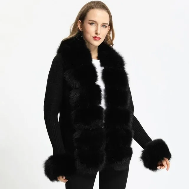 Real Fox Fur Knitting Sweater Long Sleeves Belt Wool Cardigan  Coat