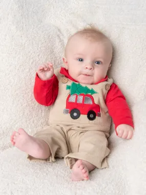 Red Polo & Christmas Tree Overall Outfit