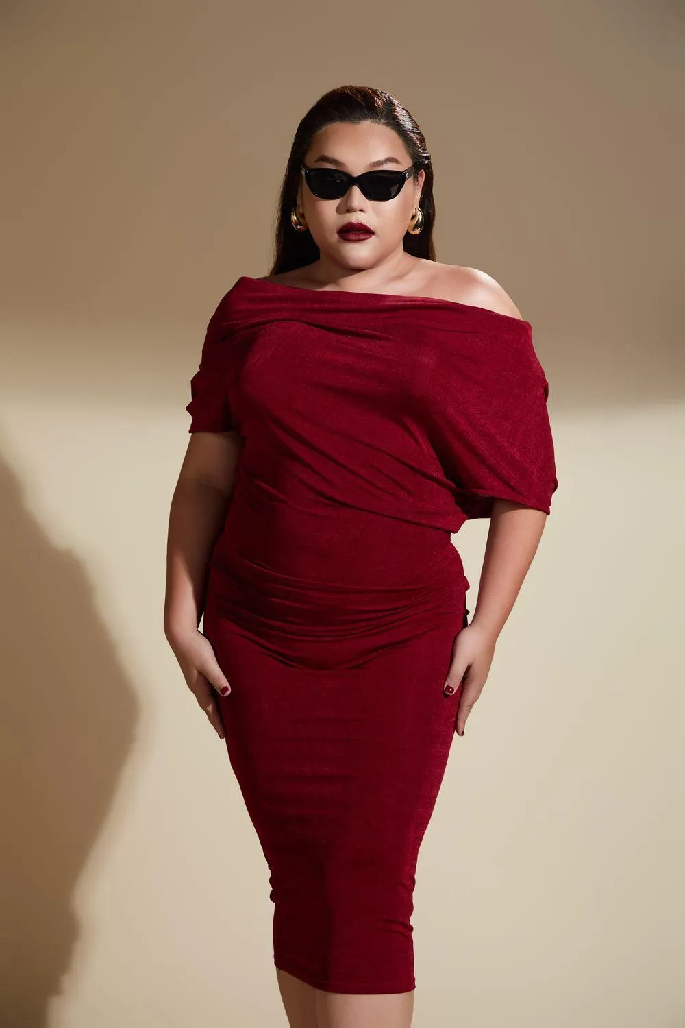 Reina Bodycon Off-Shoulder Polyester Spandex Midi Dress