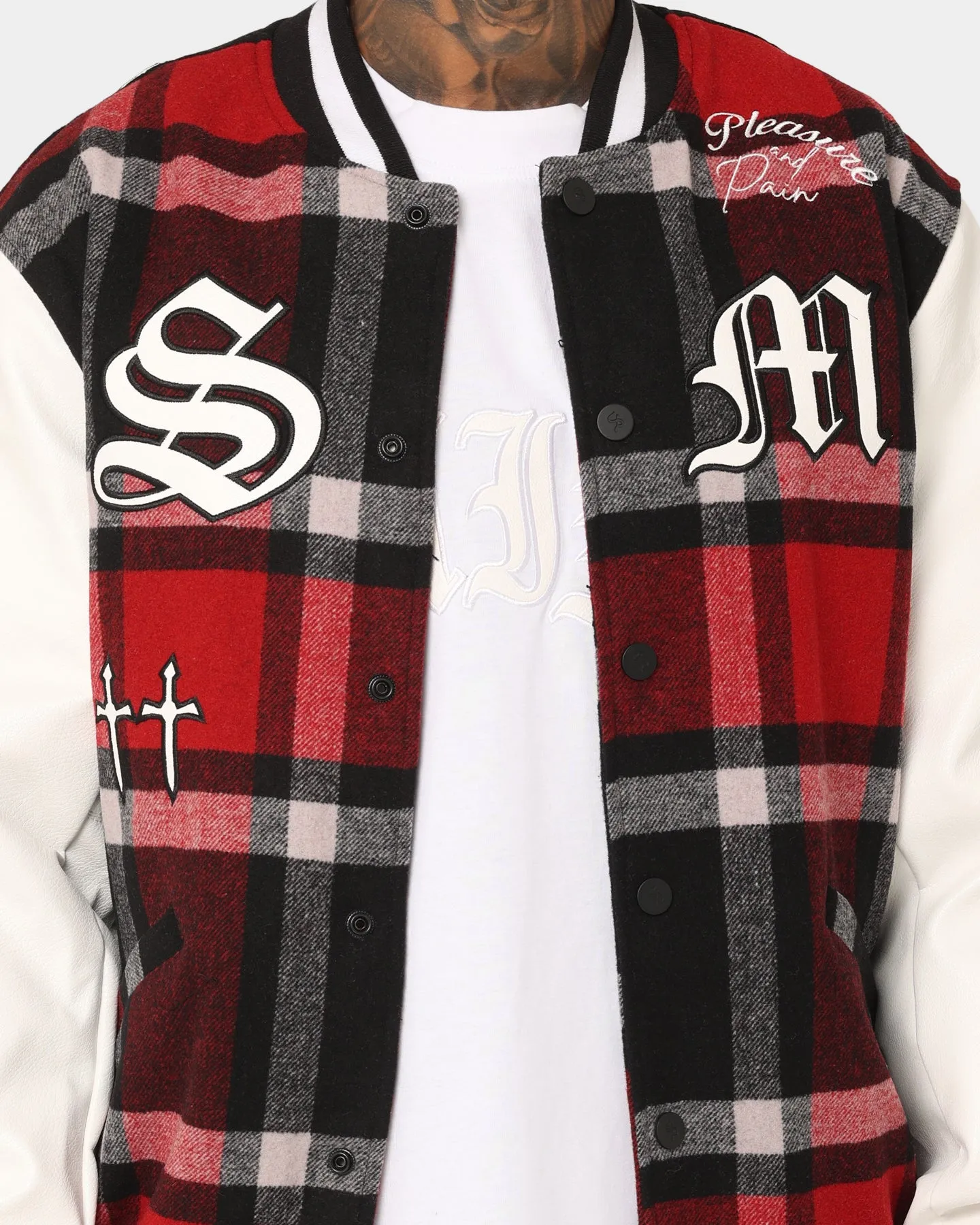 Saint Morta Graveyard Plaid Varsity Jacket Red/Black/White