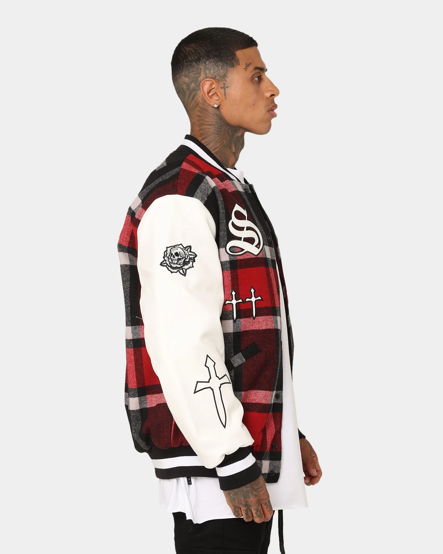 Saint Morta Graveyard Plaid Varsity Jacket Red/Black/White