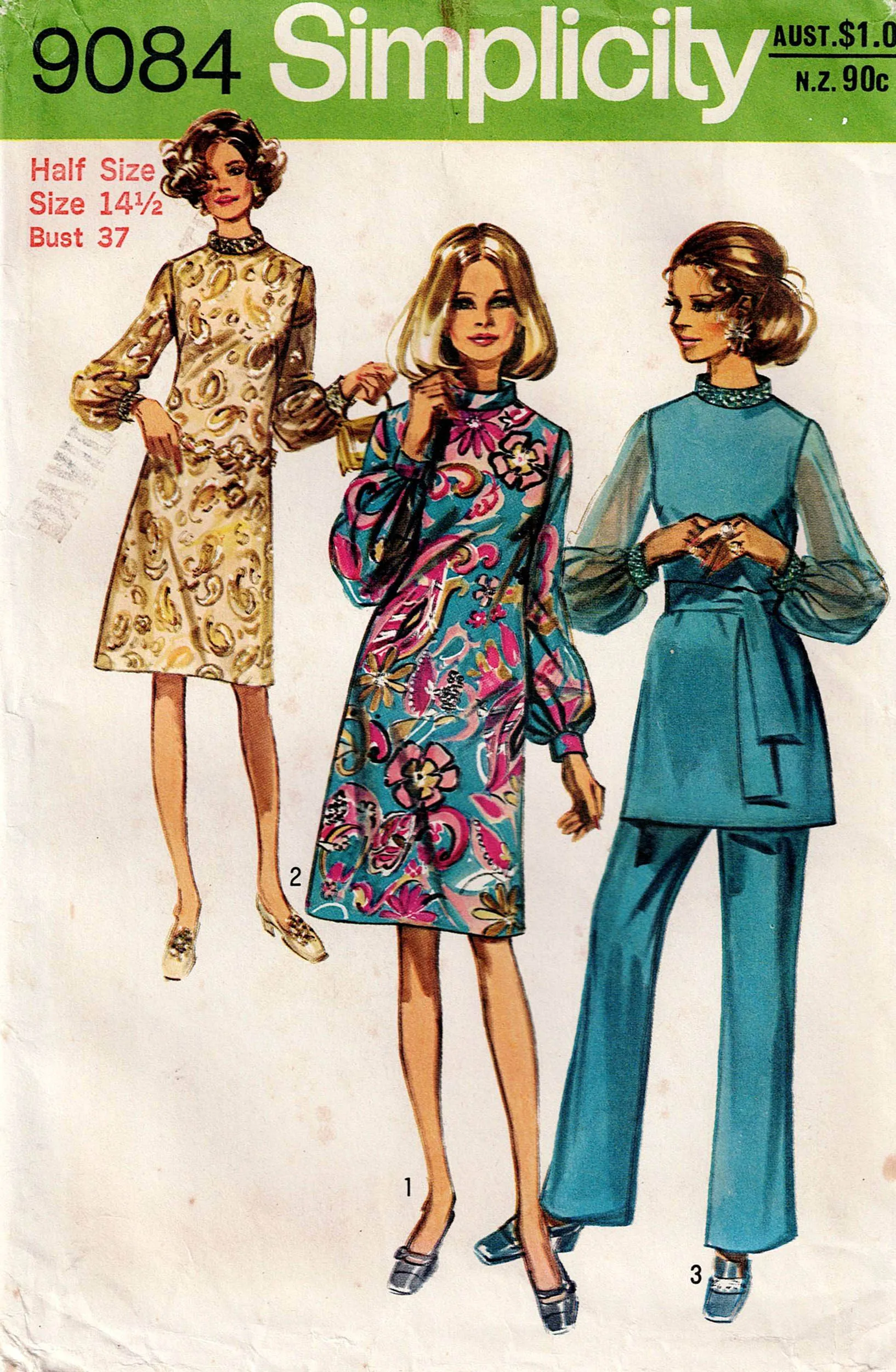 Simplicity 9084 Womens Half Sized High Collar Big Sleeved Dress Top & Pants 1970s Vintage Sewing Pattern Size 14 1/2 Bust 37 inches