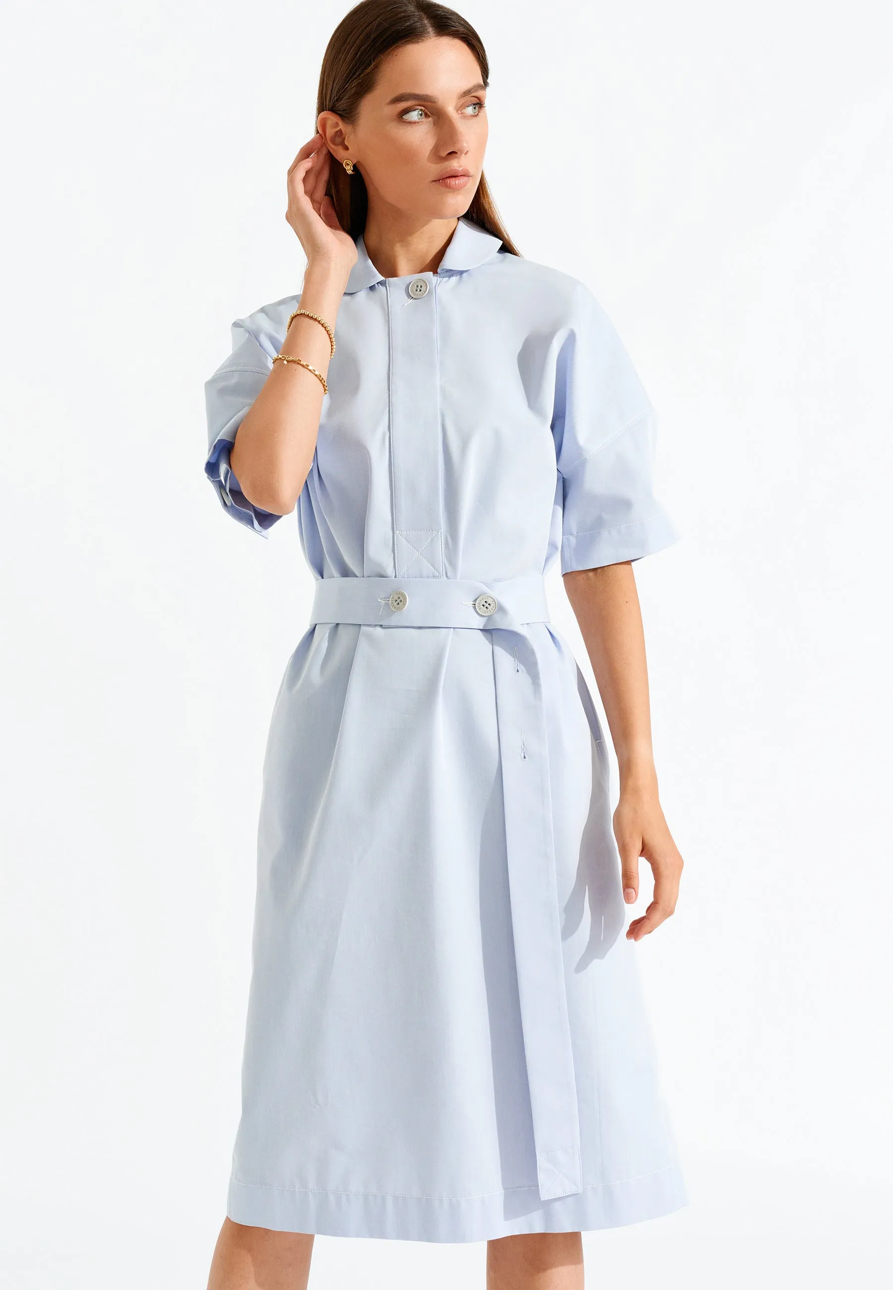 Sky Blue Round Collar Waist Strap Dress