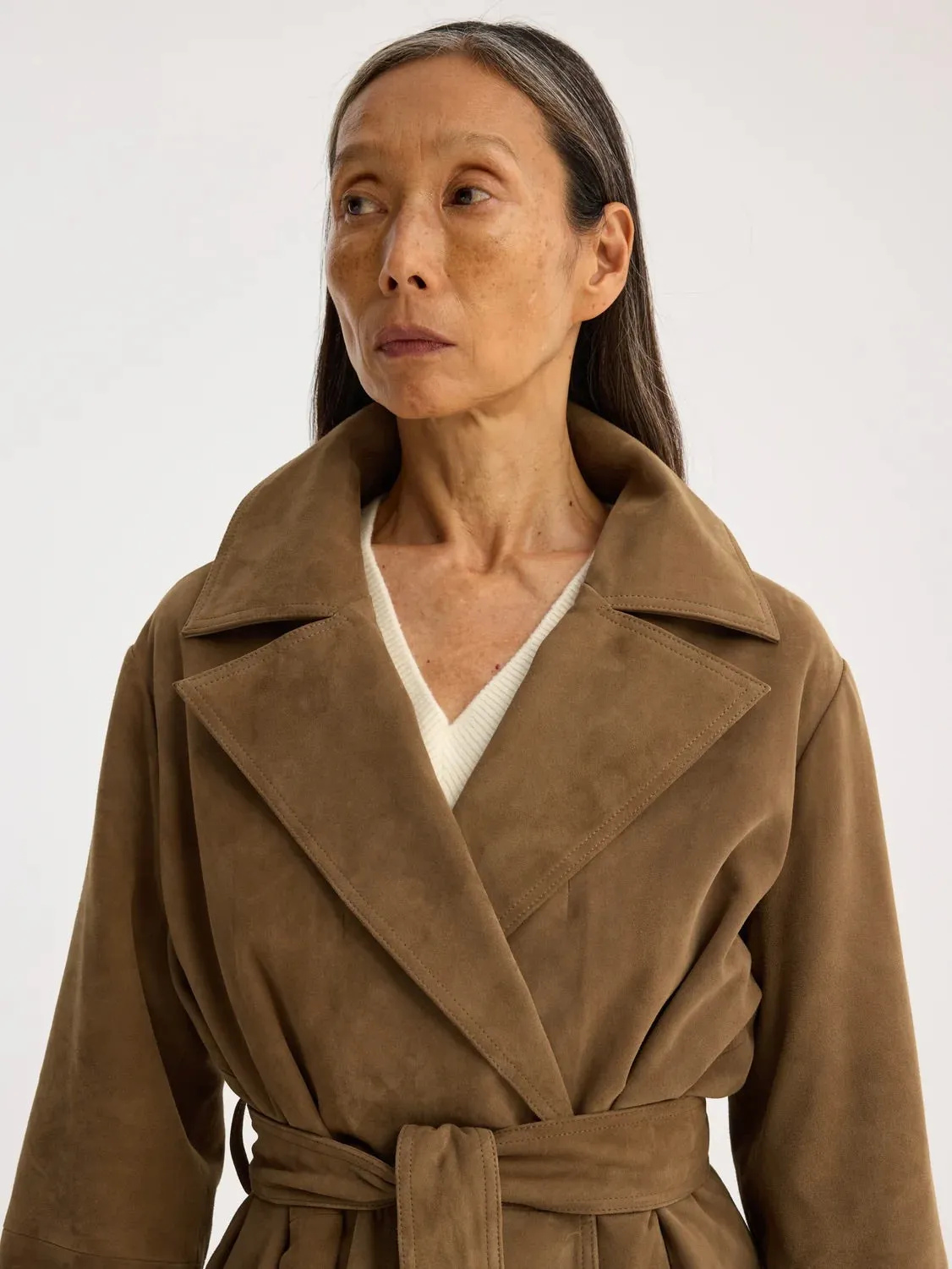 suede belted wrap coat - light khaki