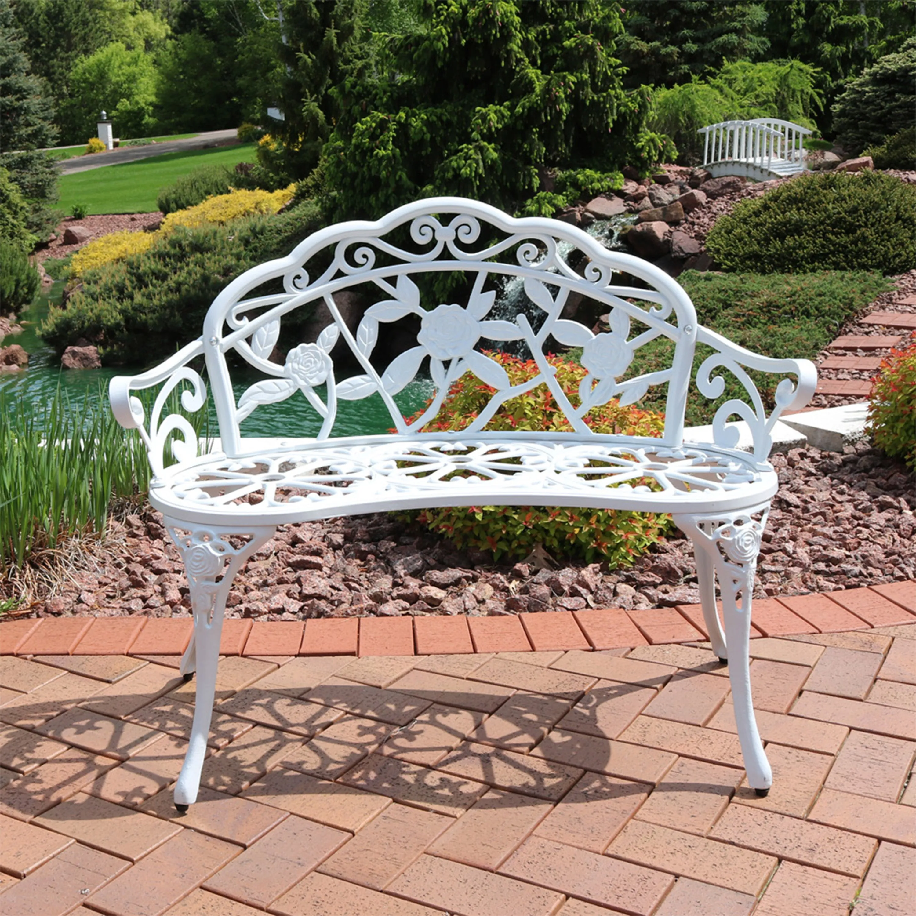 Sunnydaze 2-Person Cast Aluminum Classic Rose Garden Bench - White