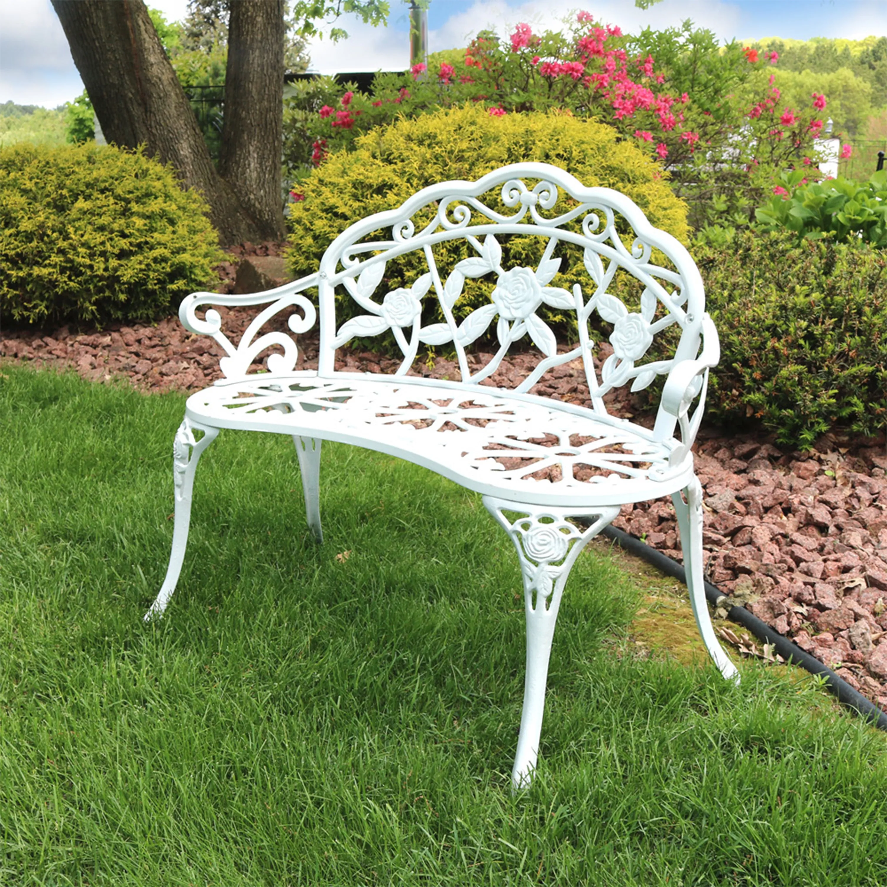 Sunnydaze 2-Person Cast Aluminum Classic Rose Garden Bench - White