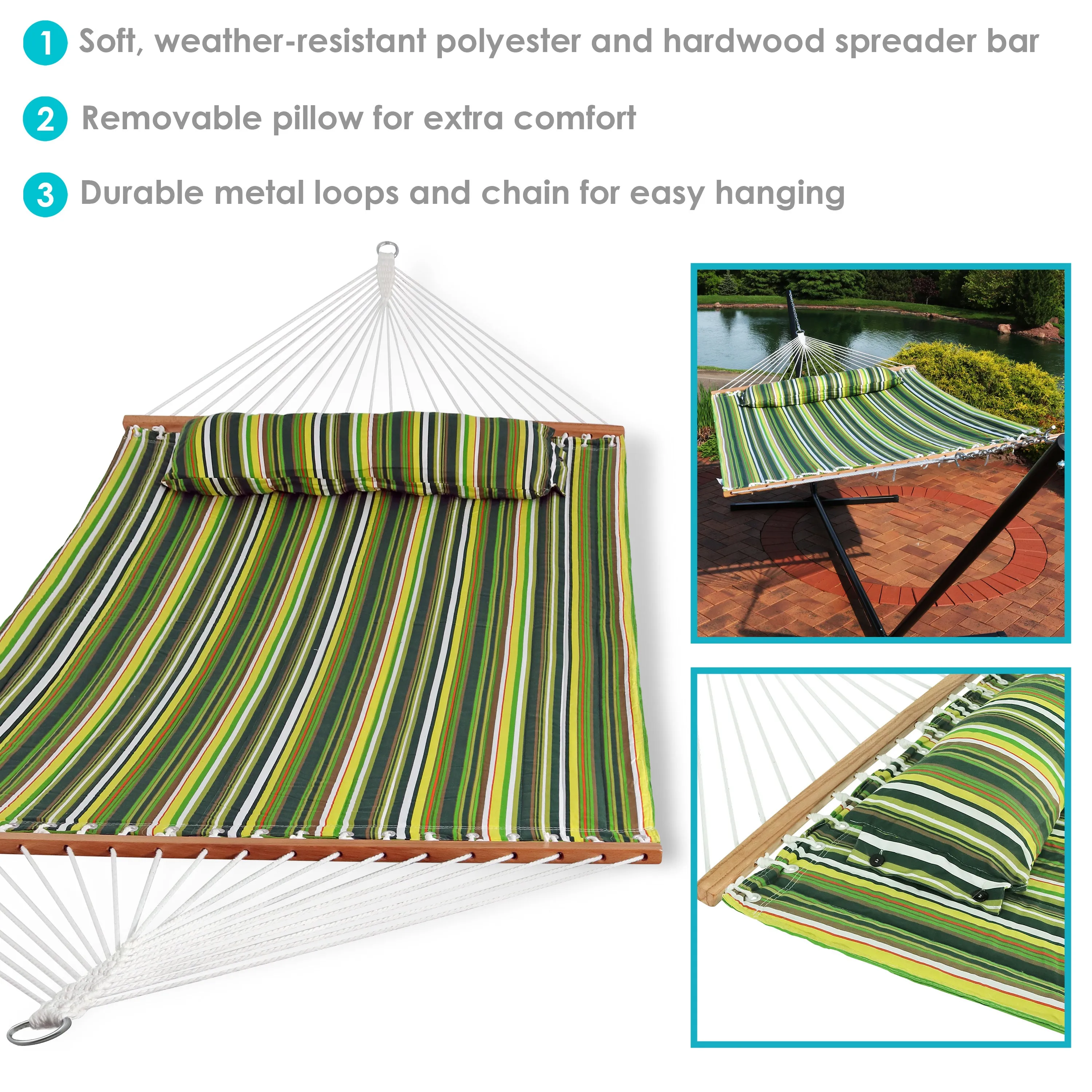 Sunnydaze 2-Person Quilted Fabric Double Hammock with Pillow