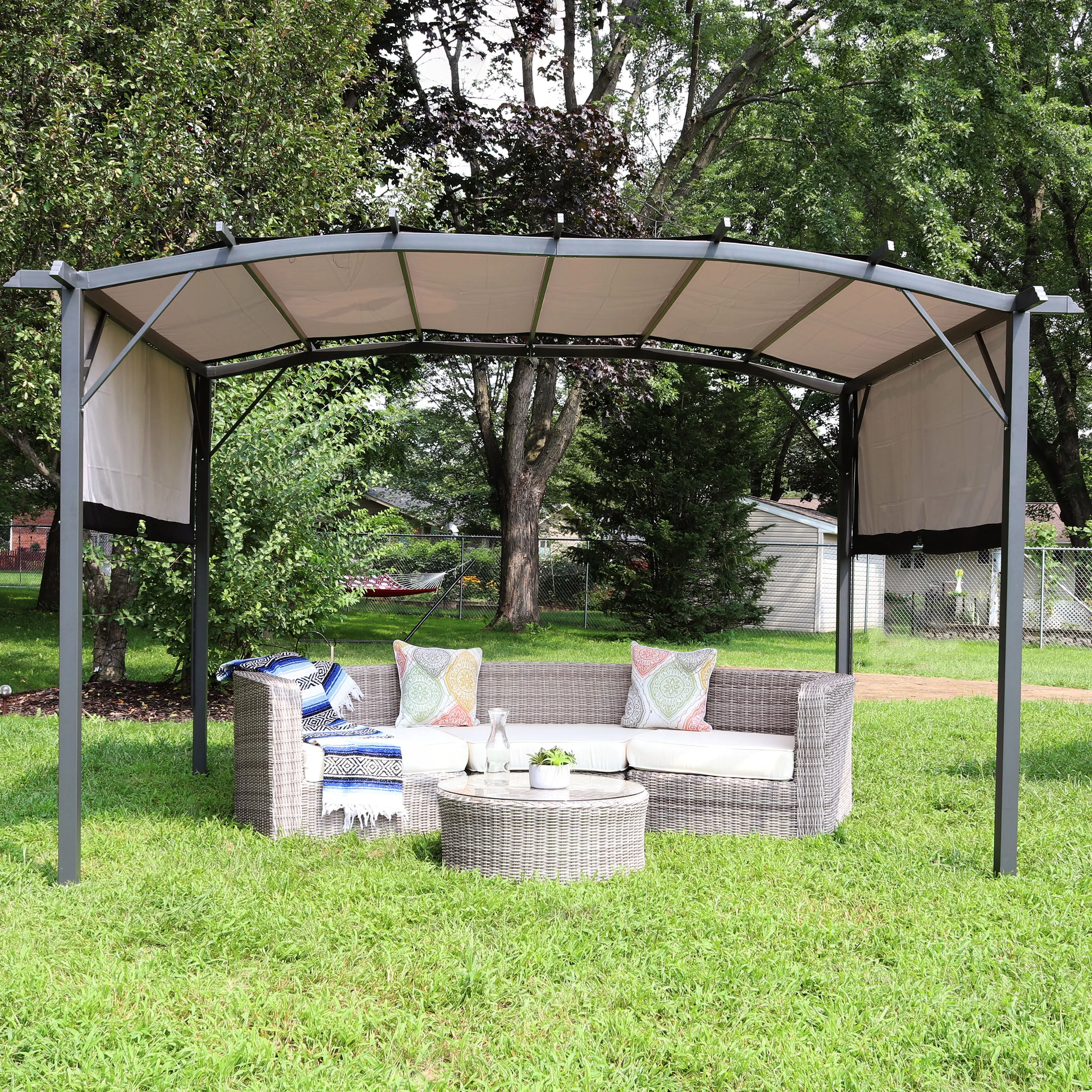 Sunnydaze 9' x12' Metal Arched Pergola with Retractable Canopy