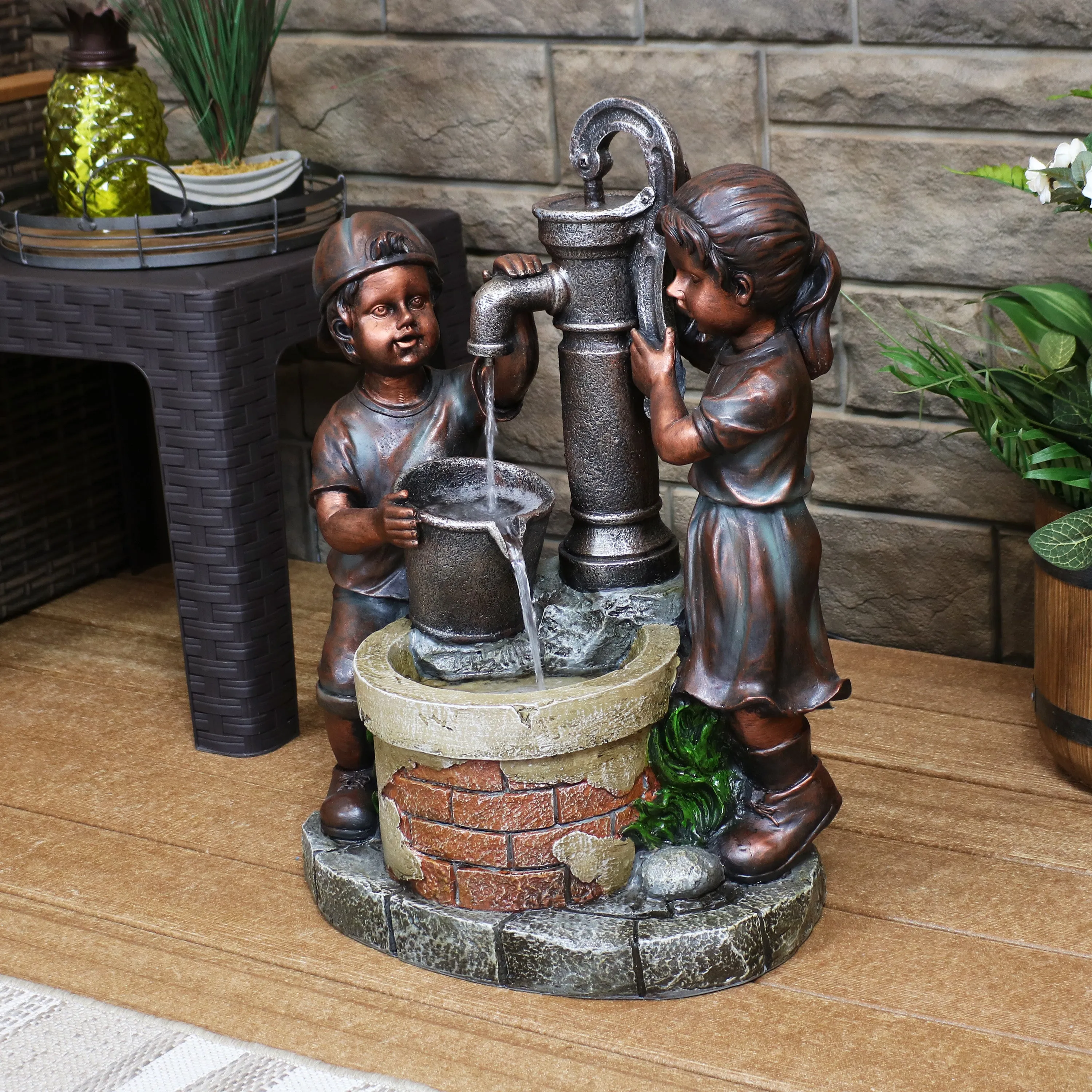 Sunnydaze Jack and Jill at Farmhouse Pump and Well Outdoor Fountain - 24"