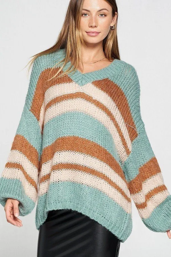 V-neck Cozy Thick Knit Stripe Pullover Sweater