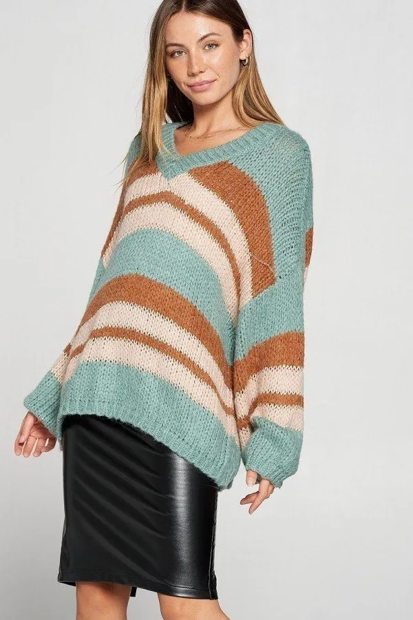 V-neck Cozy Thick Knit Stripe Pullover Sweater