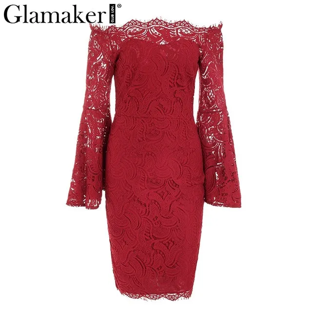 VenusFox Off Shoulder Lace Long Sleeve Bodycon Dress