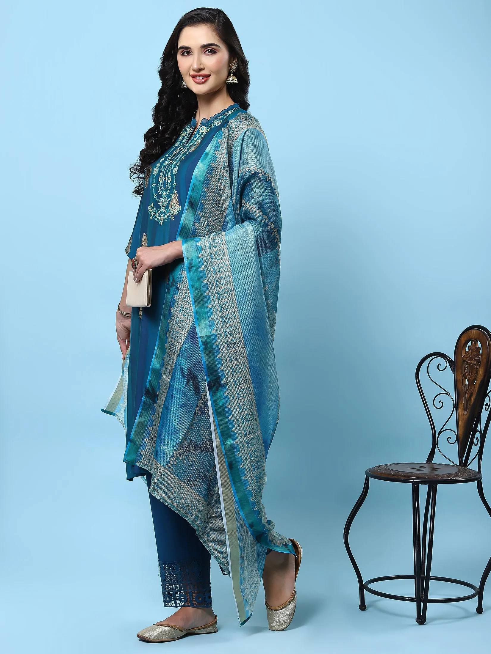 Women Blue Embroidered Kurta Comfort Pant Dupatta