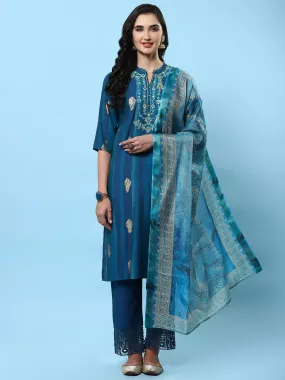 Women Blue Embroidered Kurta Comfort Pant Dupatta