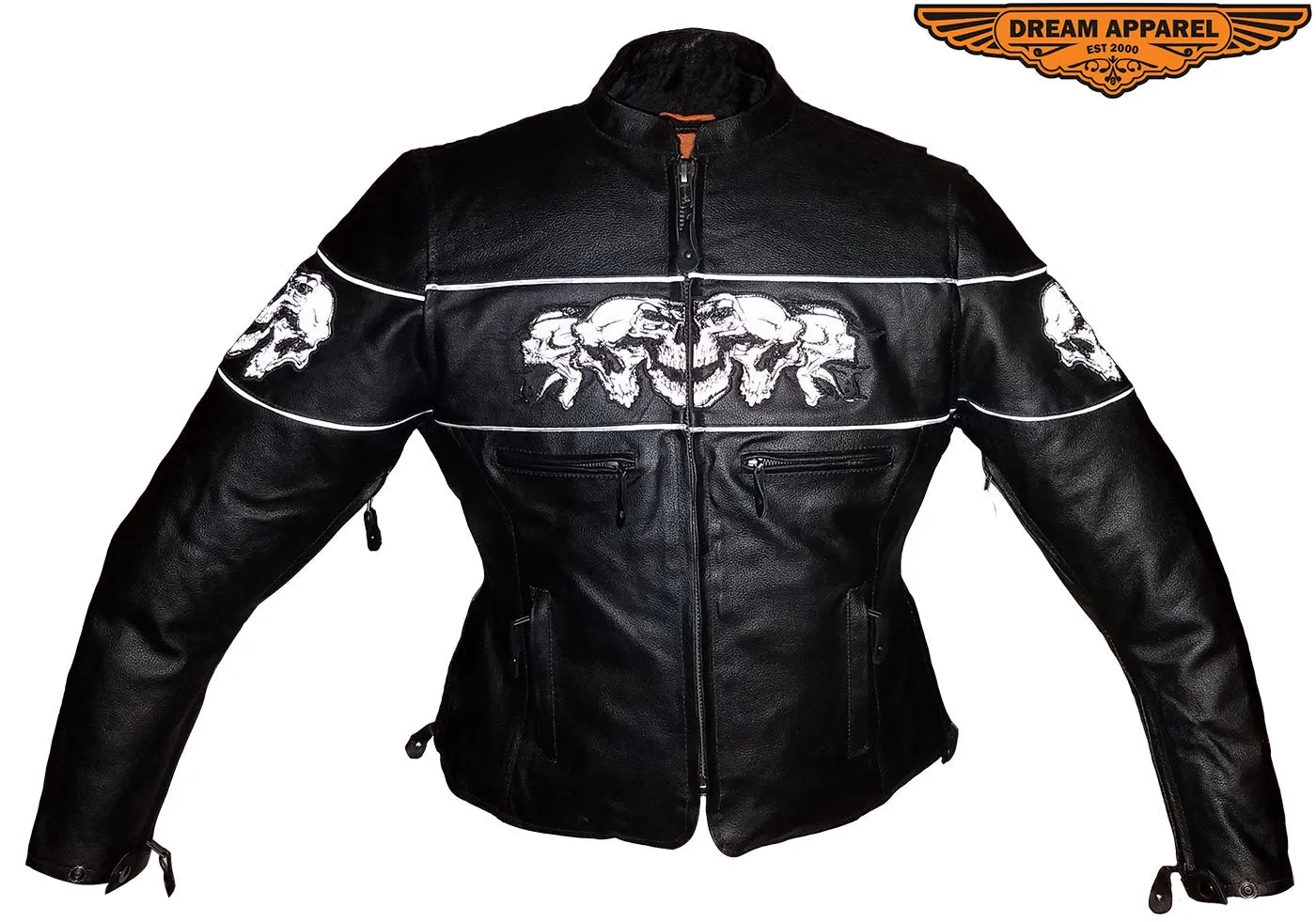 Women's Black Motorcycle Jacket with Reflective Skulls