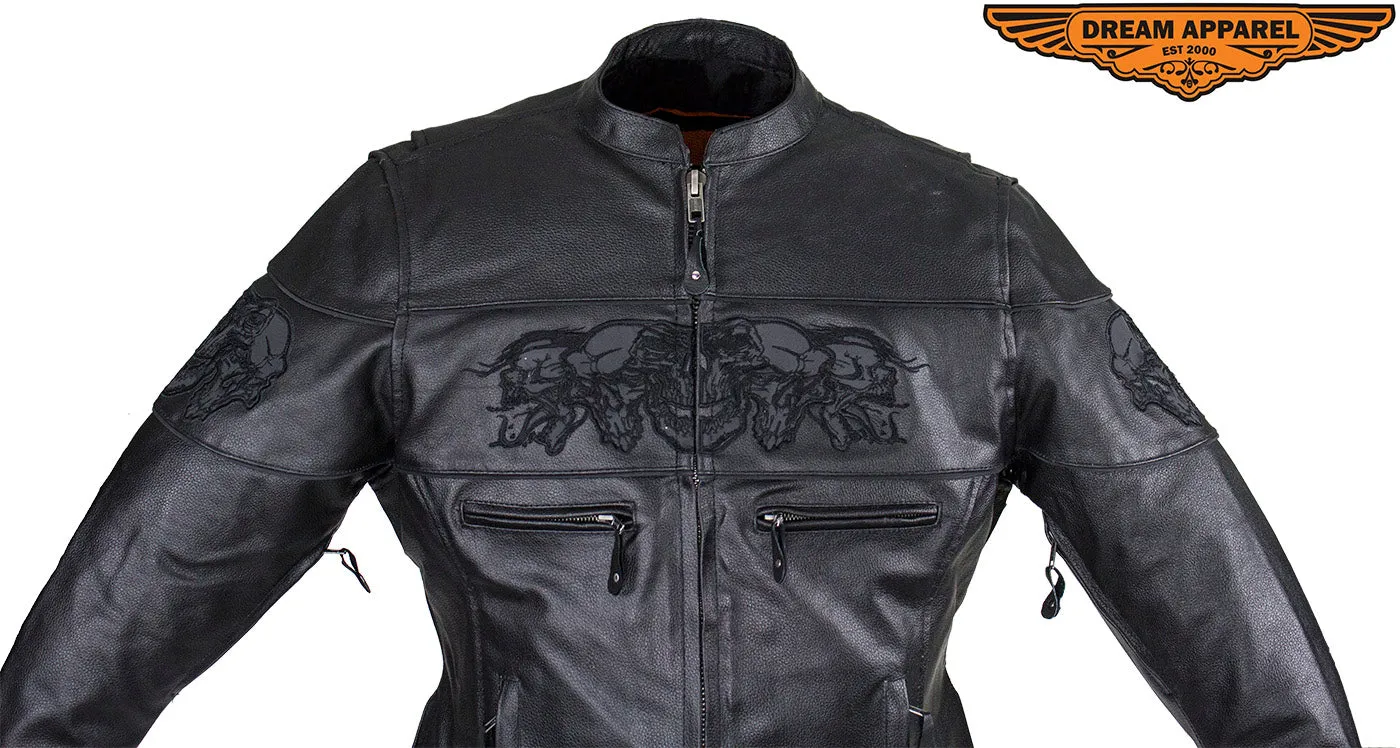 Women's Black Motorcycle Jacket with Reflective Skulls