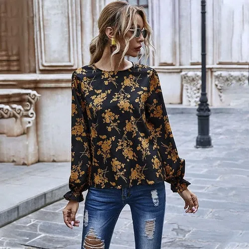 Women's Floral Print Long Sleeve Blouse Top