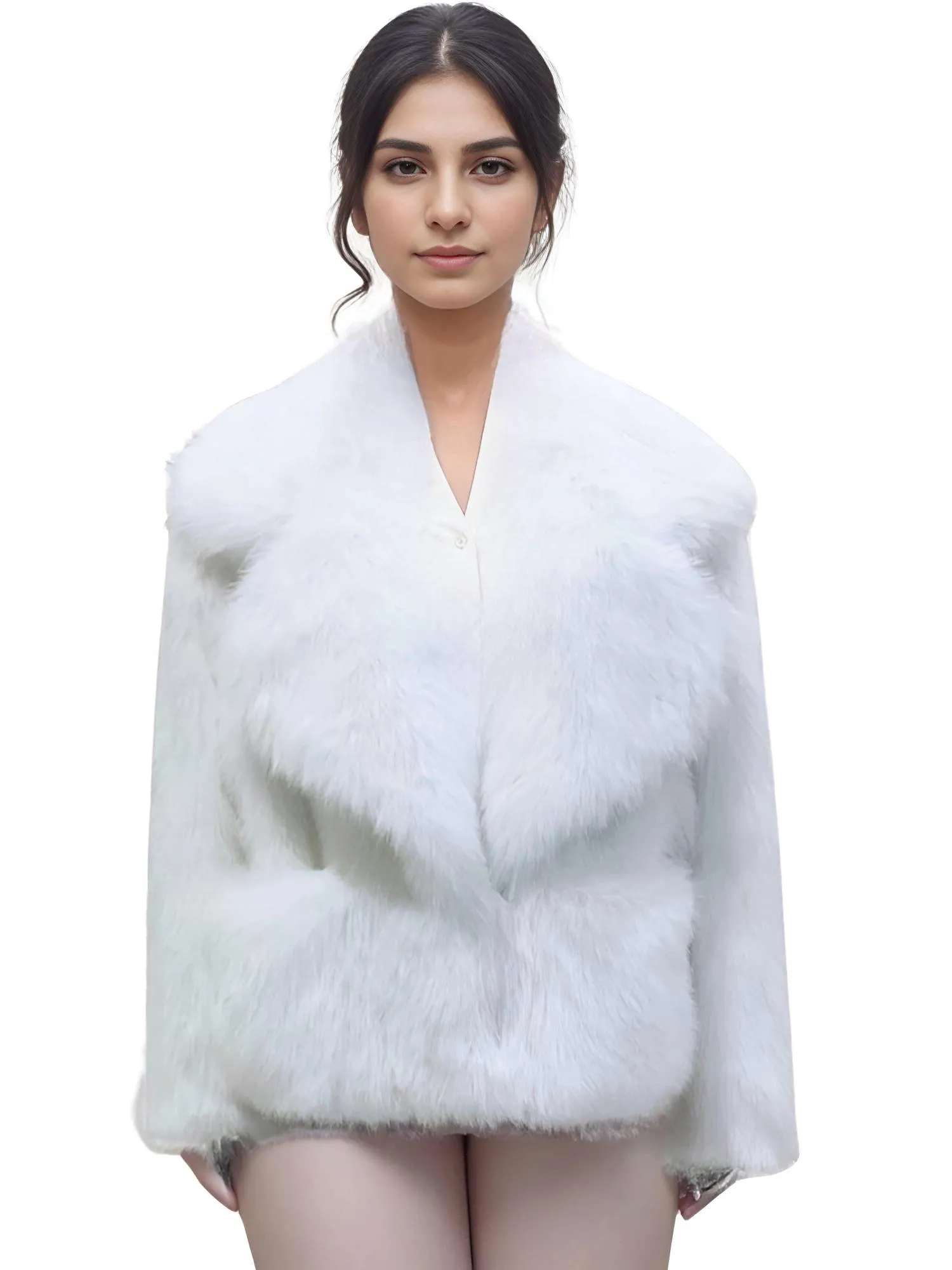 Women's Short Pink Faux Fur Coat With Big Collar and Pockets Fluffy Jacket For Women